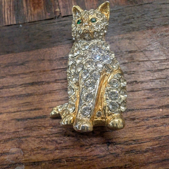 Gold and Silver Rhinestone Cat Brooch - Picture 1 of 9